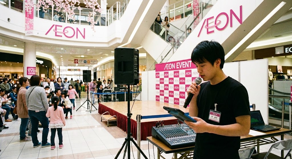商業施設のイベントでの音響と配信機材の設営例